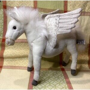 Vintage HANSA White Pegasus Plush Stuffed Animal Toy Posable Legs Hand Crafted